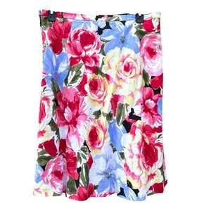 Womens 16 Skirt Pink Blue Floral Silk Linen Blend Midi A-Line Romantic Spring